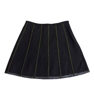 Weekend Max Mara Black panel A Line wool Skirt green Stitch Leather  mini sz 6